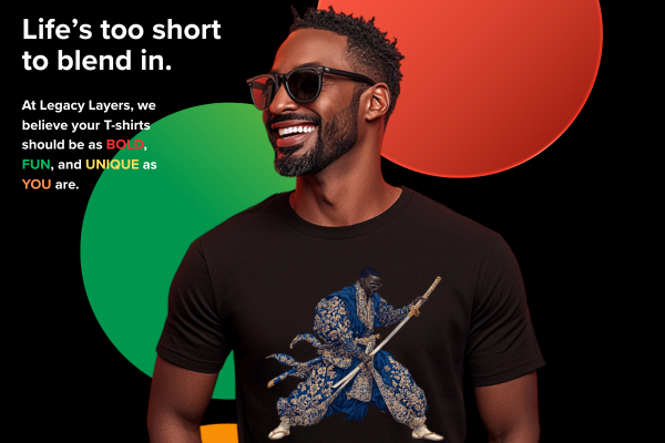 Man wearing a black t-shirt with a graphic design, standing against a colorful background with text about Legacy Layers brand.