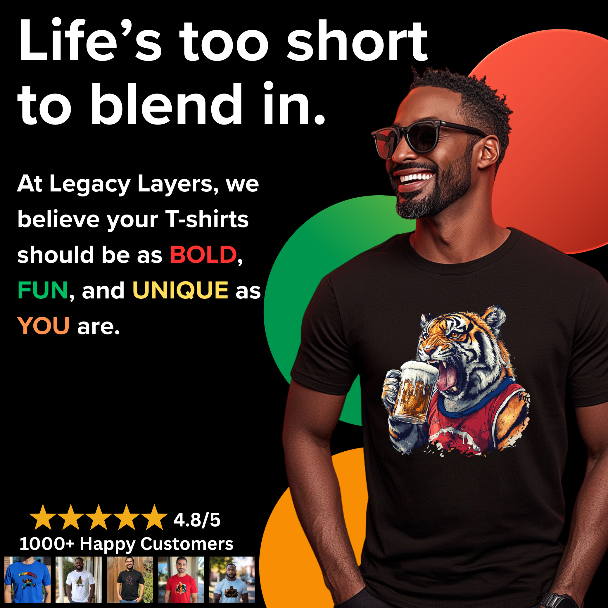 Legacy Layers Hero Image with Black man and legacy Layers Tiger Shirt, along with 1000's of reviews, 4.8/5 stars , 1000s of happy customers