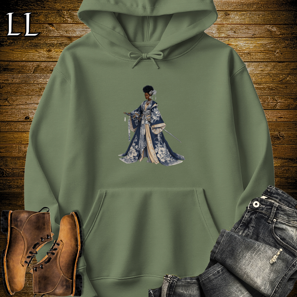 African Silver Blossom Samurai Queen Hooded Sweatshirt - Military Green