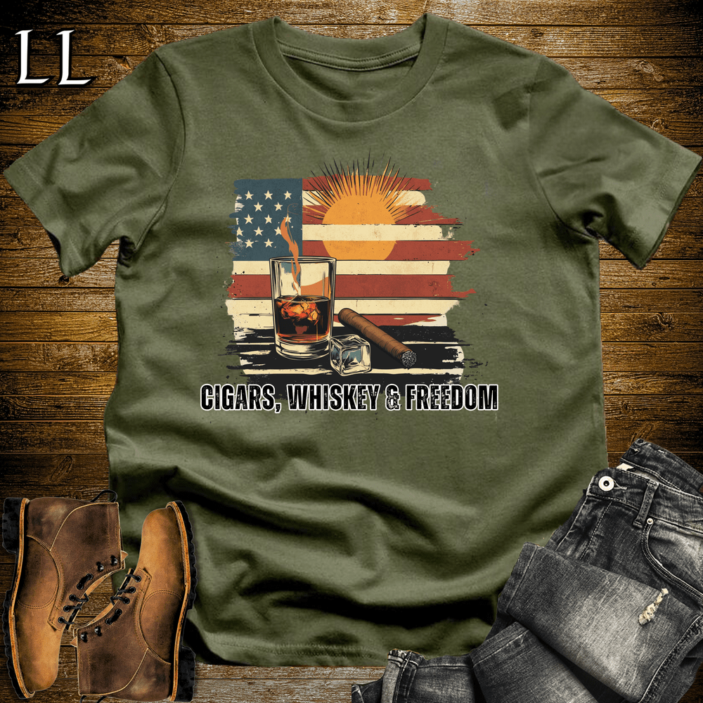 Cigar & Whiskey T-Shirts | Cigars Whiskey Freedom Tee in Military Green