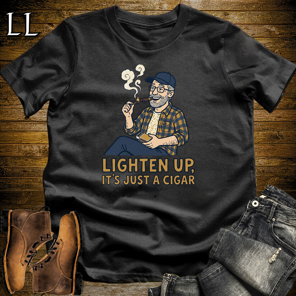 Lighten Up Blue Cigar Softstyle Tee Black | Funny Cigar Pun Tee