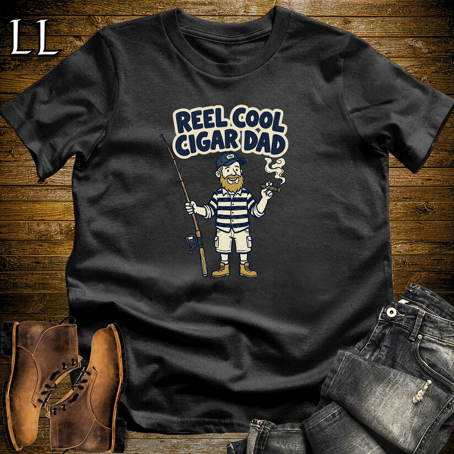 Reel Cool Cigar Dad Navy Softstyle Tee Black | Fishing Cigar Dad Tee