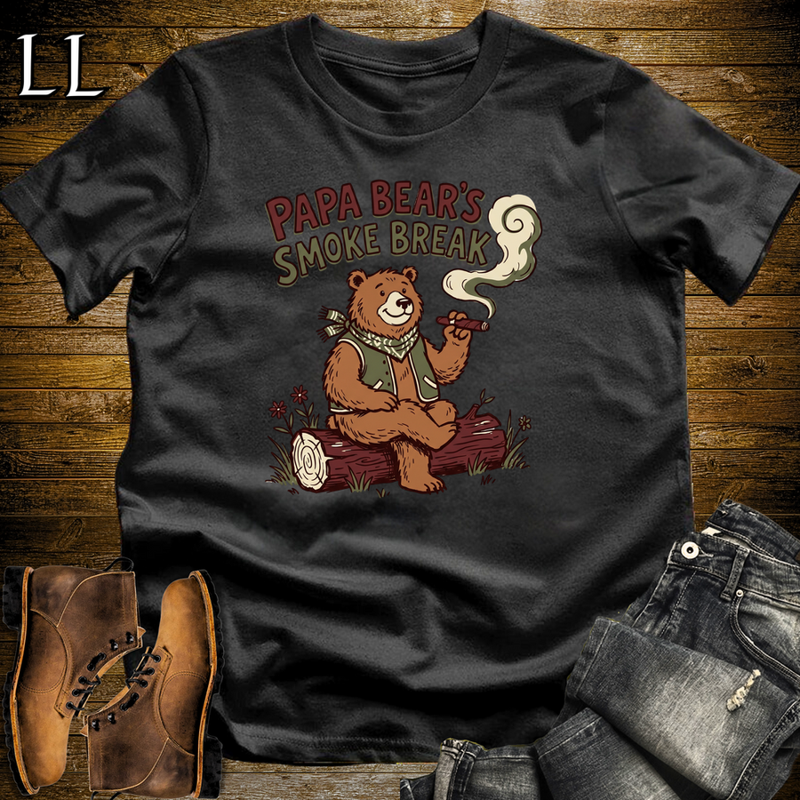 Papa Bears Smoke Break Cigar Softstyle Tee Black | Cigar Dad Bear Tee