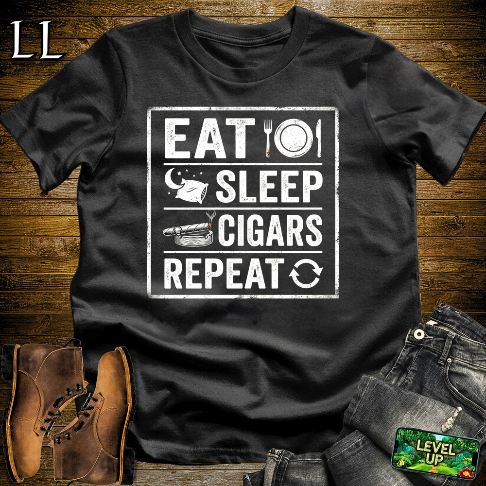 Eat Sleep Cigars Repeat Softstyle T Shirt Black | Funny Cigar Tee