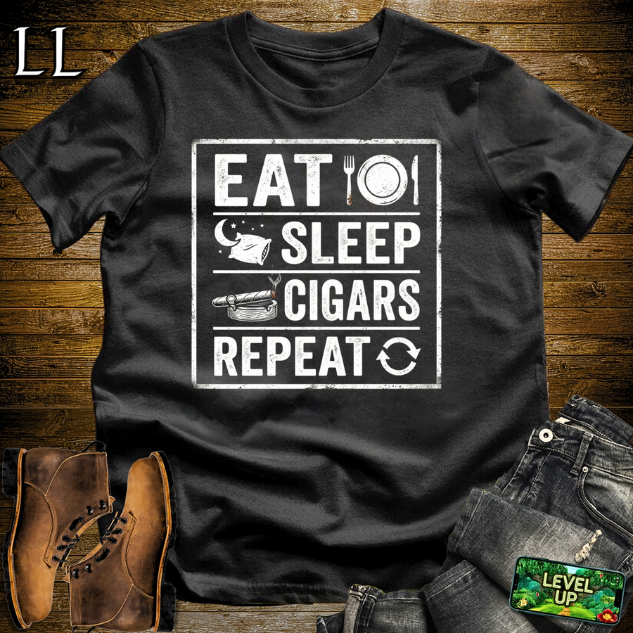 Eat Sleep Cigars Repeat Softstyle T Shirt Black | Funny Cigar Tee