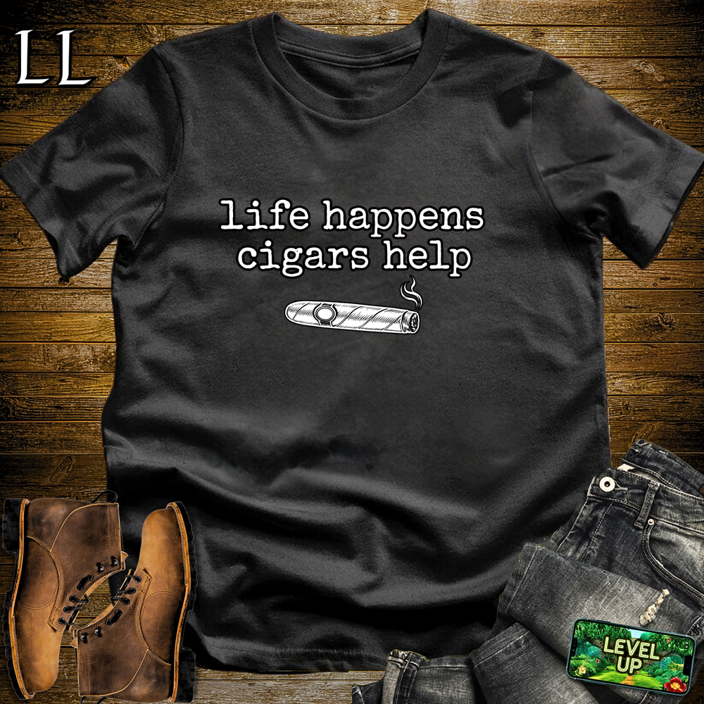 Life Happens Cigars Help Softstyle T Shirt Black | Funny Cigar Tee