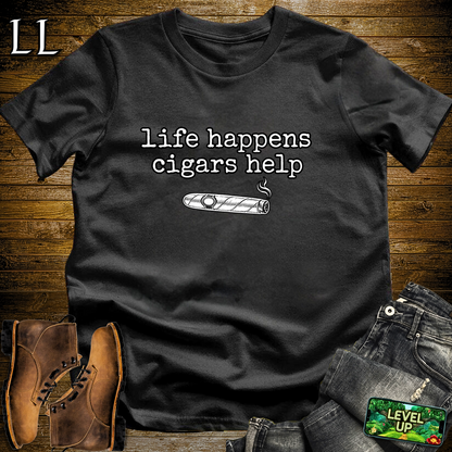 Life Happens Cigars Help Softstyle T Shirt Black | Funny Cigar Tee
