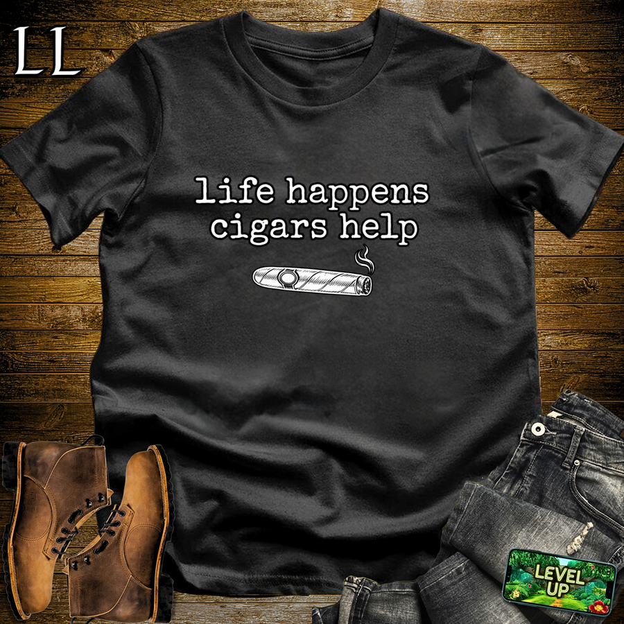 Life Happens Cigars Help Softstyle T Shirt Black | Funny Cigar Tee