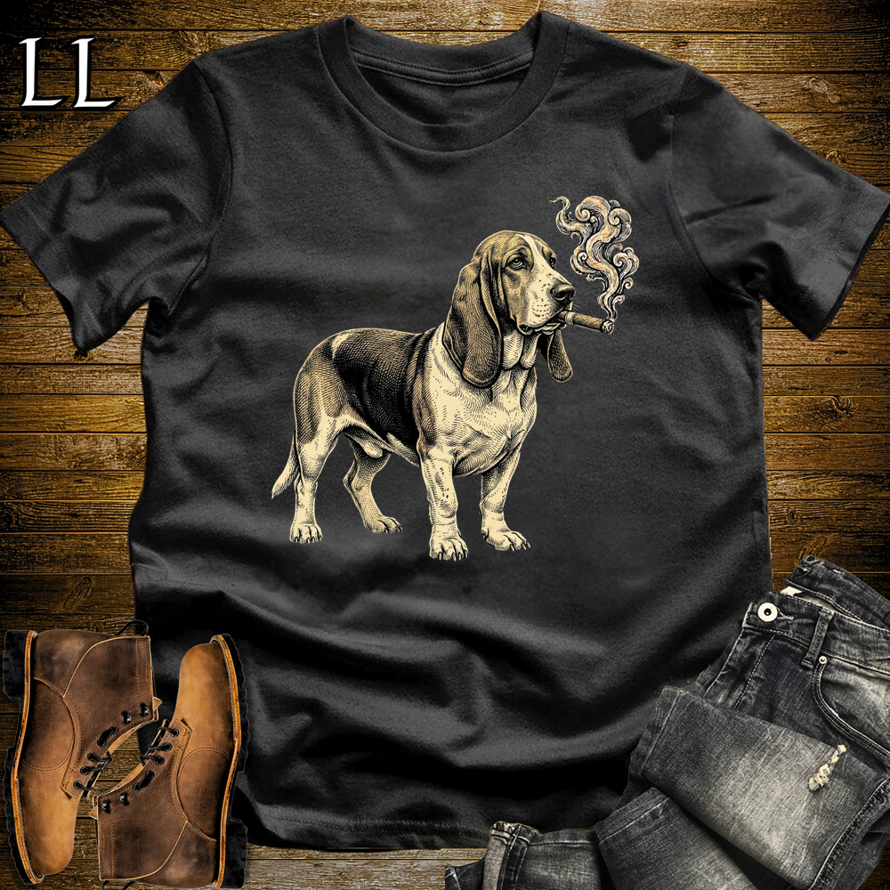 Vintage Cigar Basset Hound Softstyle T Shirt Black | Cigar Basset Hound Tee