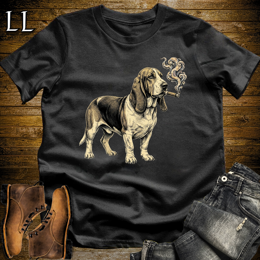 Vintage Cigar Basset Hound Softstyle T Shirt Black | Cigar Basset Hound Tee
