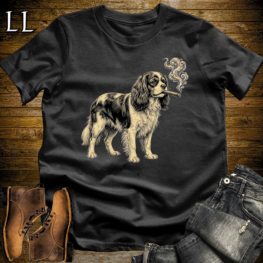 Vintage Cigar King Charles Cavalier Spaniel Softstyle T Shirt Black | Dog Lover Cigar Tee