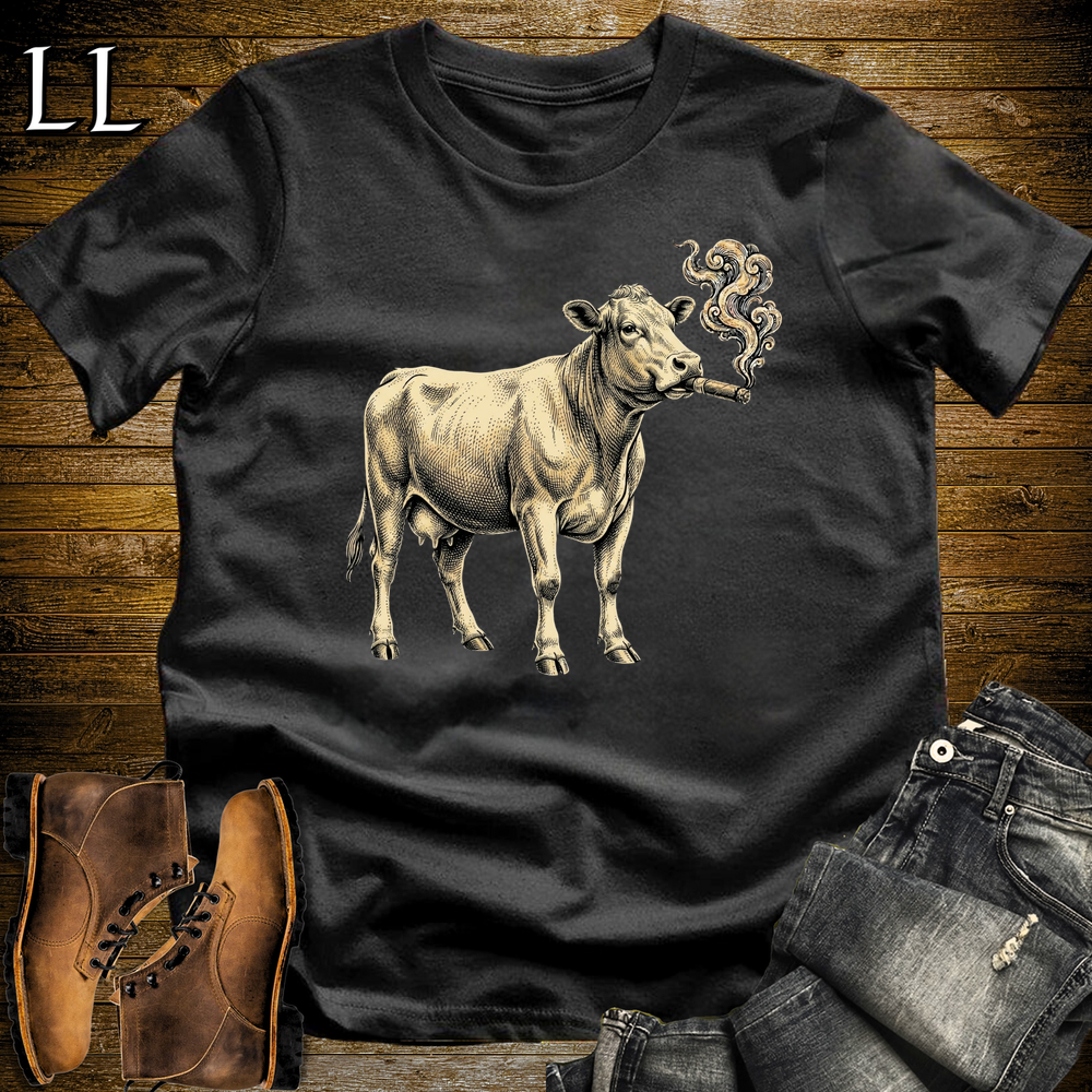 Vintage Cigar Cow Softstyle T Shirt Black | Funny Animal Cigar Tee