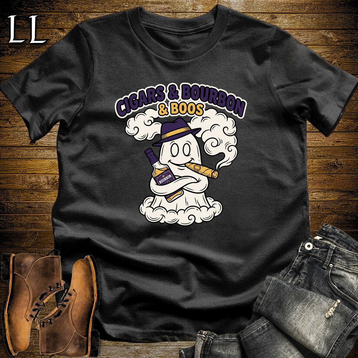 Cigars Bourbon & Boos Ghost Crest T-Shirt Black | Halloween Cigar Tee