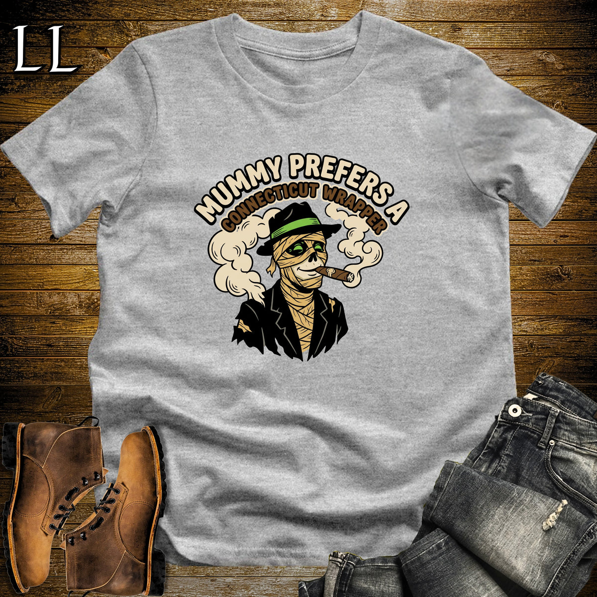 Connecticut Wrapper Dapper Mummy Cigar T-Shirt Sport Grey | Halloween Cigar Tee