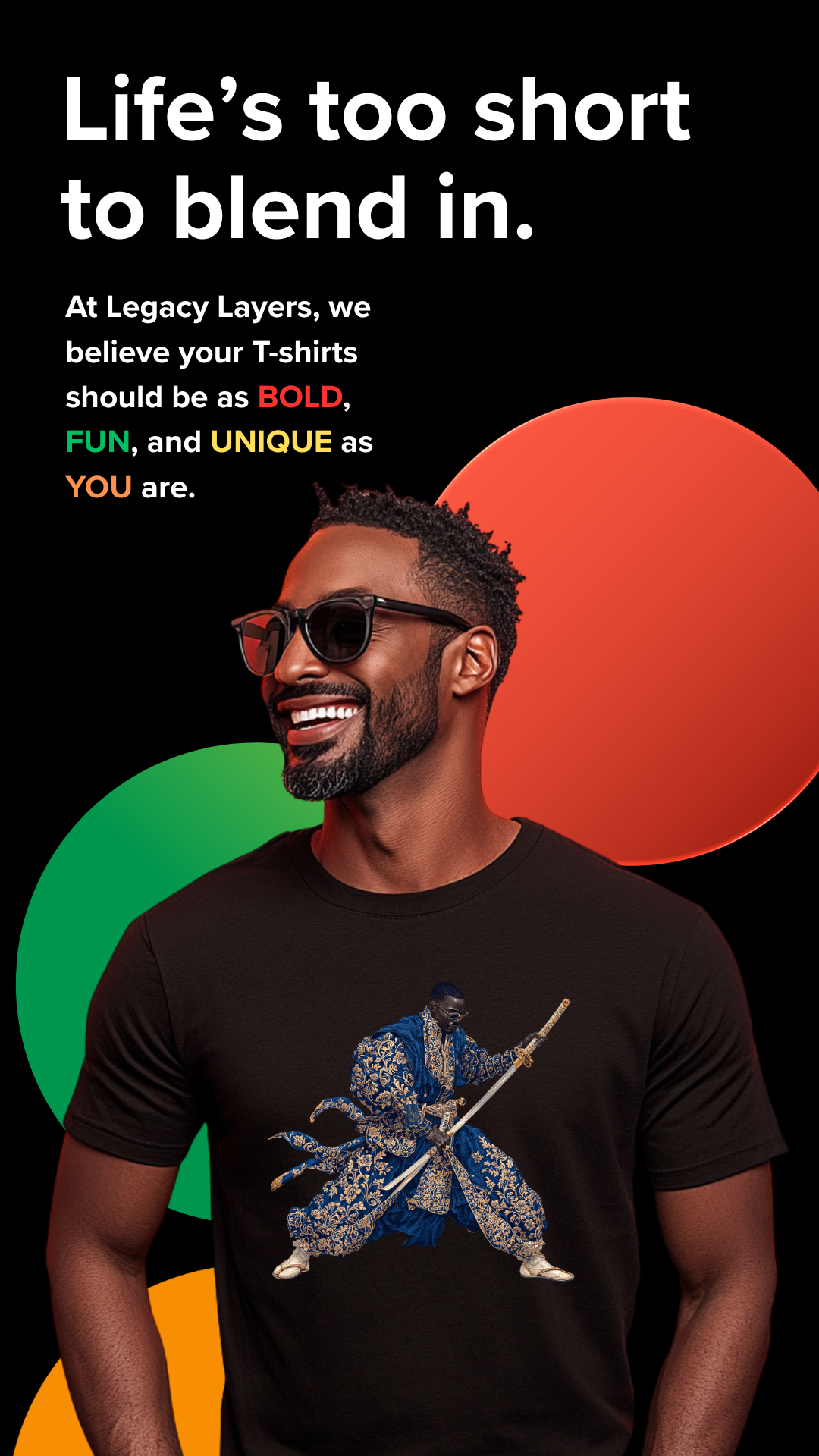 Man wearing a black t-shirt with a colorful design, standing against a vibrant background with text about Legacy Layers brand.