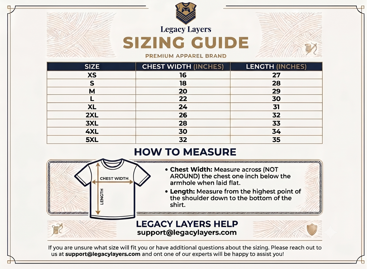 Legacy Layers t-shirt size guide with chest and length measurements for Gildan 64000Softstyle tees
