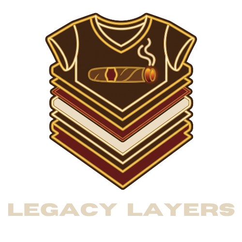 Legacy Layers Cigar T-Shirts graphic logo for 'Legacy Layers' featuring a dark brown V-neck t-shirt with a smoking cigar, layered over stacked beige and dark red fabric sheets, with the text 'LEGACY LAYERS' below on a white background.