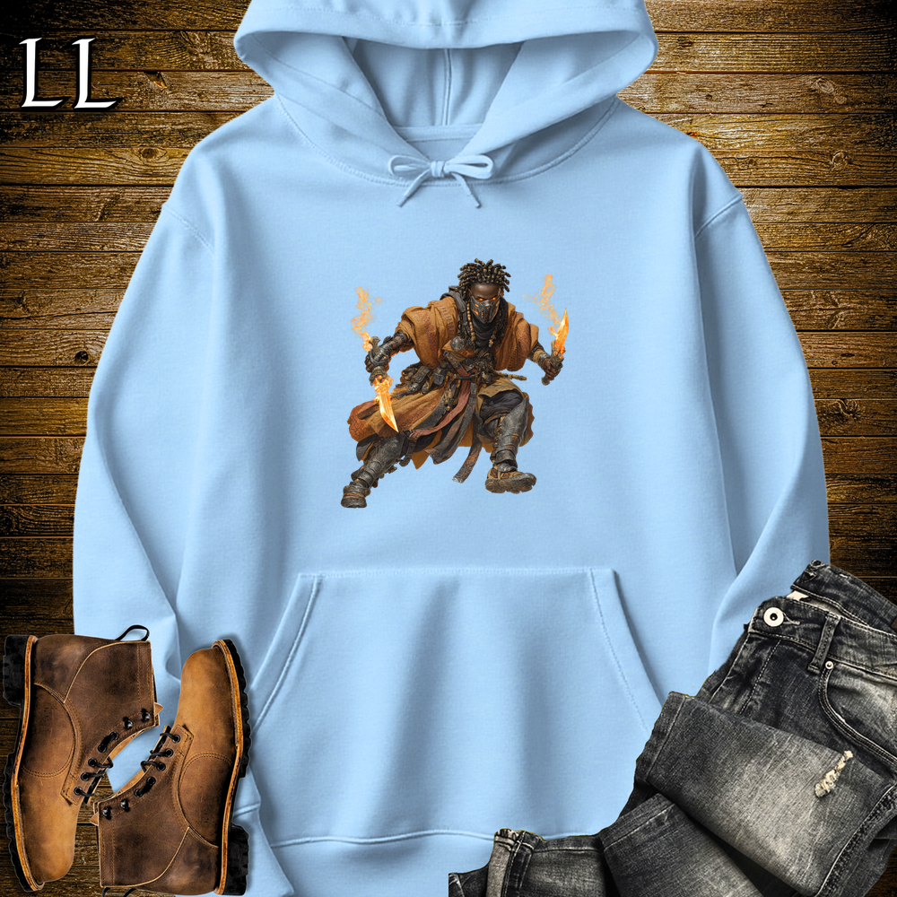 African Flame Dagger Assassin Hooded Sweatshirt Light Blue | African Warrior Hoodie