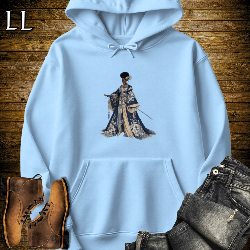 African Silver Blossom Samurai Queen Hooded Sweatshirt - Light Blue