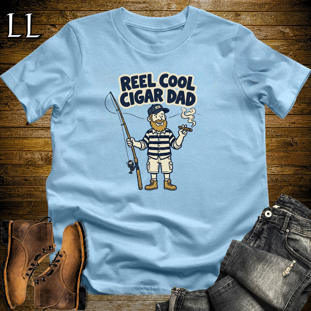 Reel Cool Cigar Dad Navy Softstyle Tee Light Blue | Fishing Cigar Dad Tee