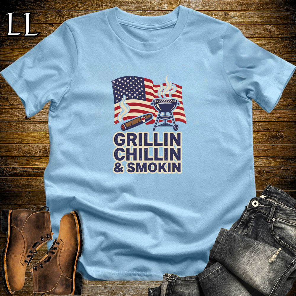 Cigar Grillin Chillin And Smokin Softstyle T Shirt Light Blue | Cigar BBQ Tee
