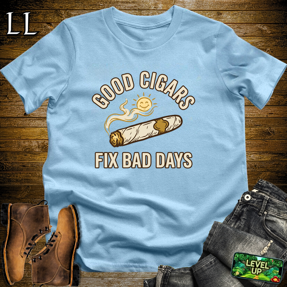 Good Cigars Fix Bad Days Softstyle T Shirt Light Blue | Cigar Lover Tee