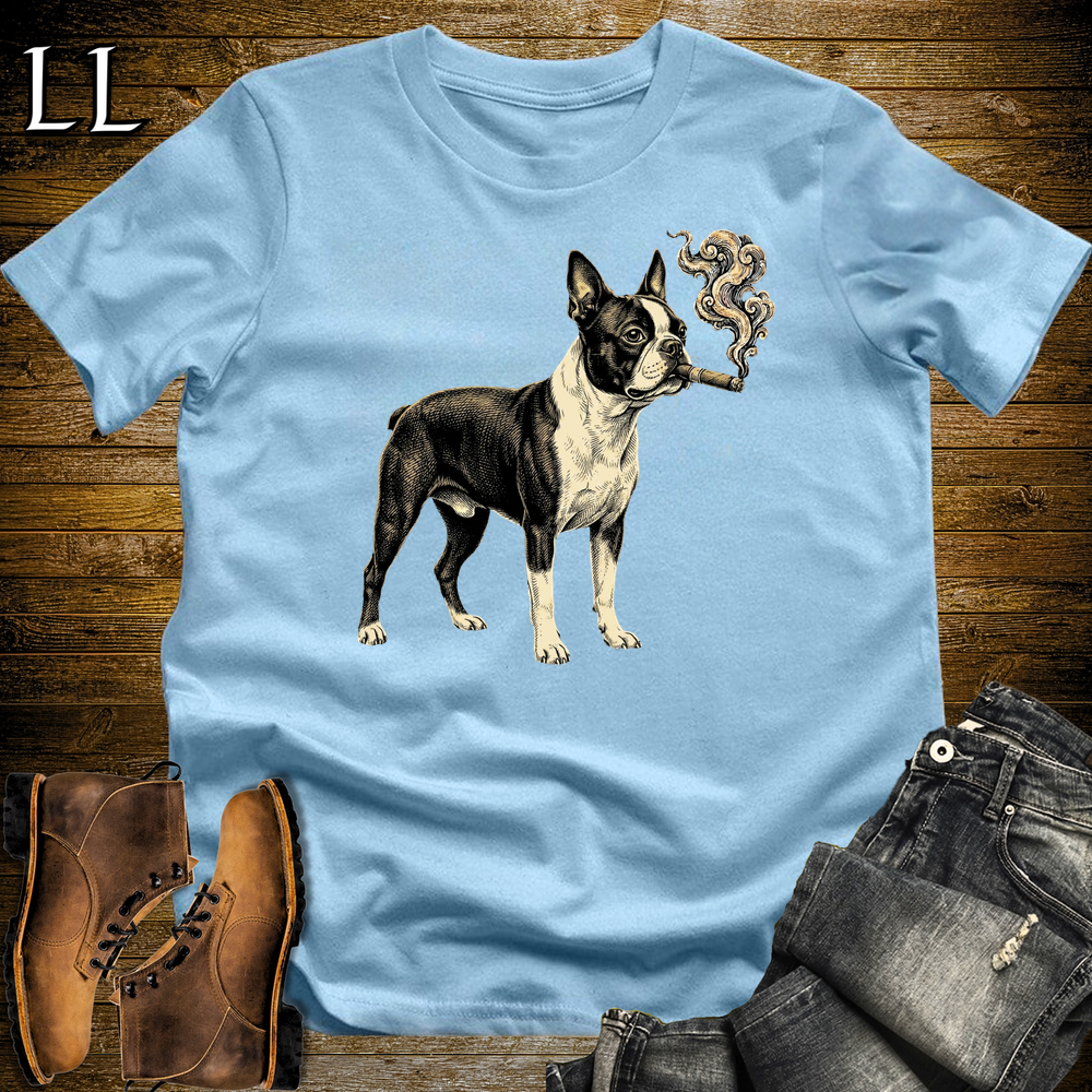 Vintage Cigar Boston Terrier Softstyle T Shirt Light Blue | Cigar Boston Terrier Tee
