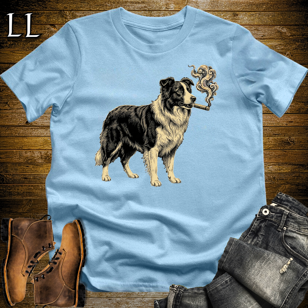 Vintage Cigar Border Collie Softstyle T Shirt Light Blue | Cigar Border Collie Tee