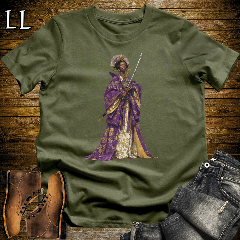 African Purple Blossom Samurai Queen Military Green | African Warrior Tee