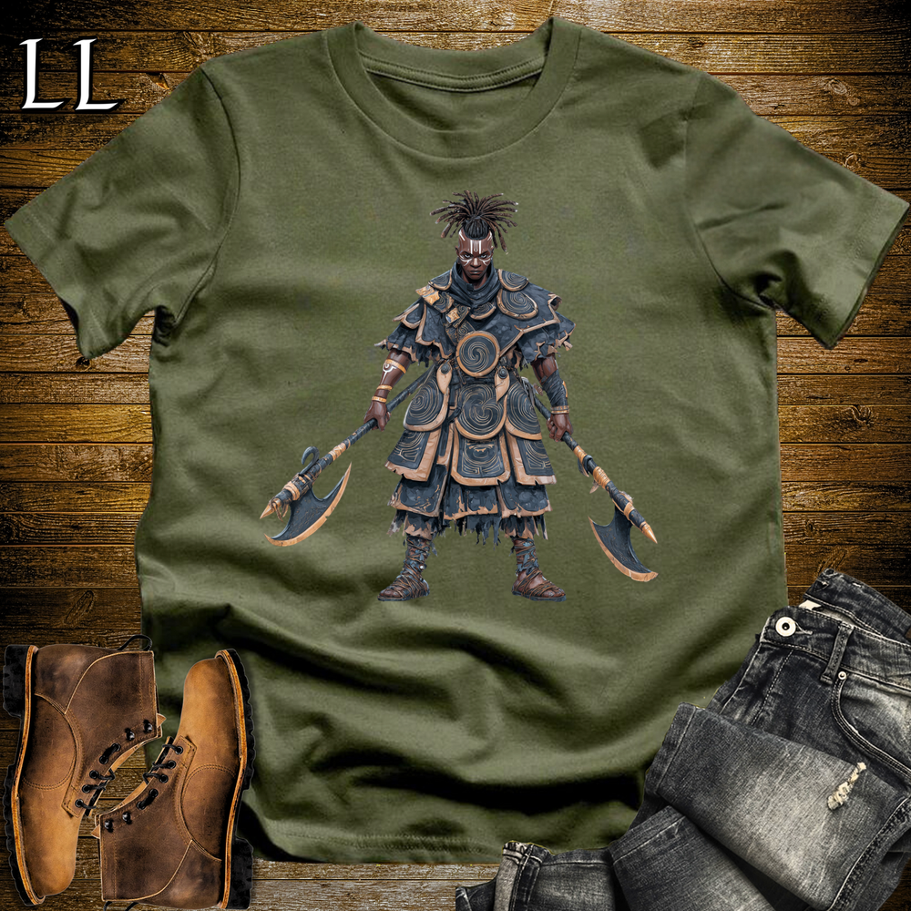 African Blue Dual Axe Warrior Softstyle Tee Military Green | African Heritage Tee