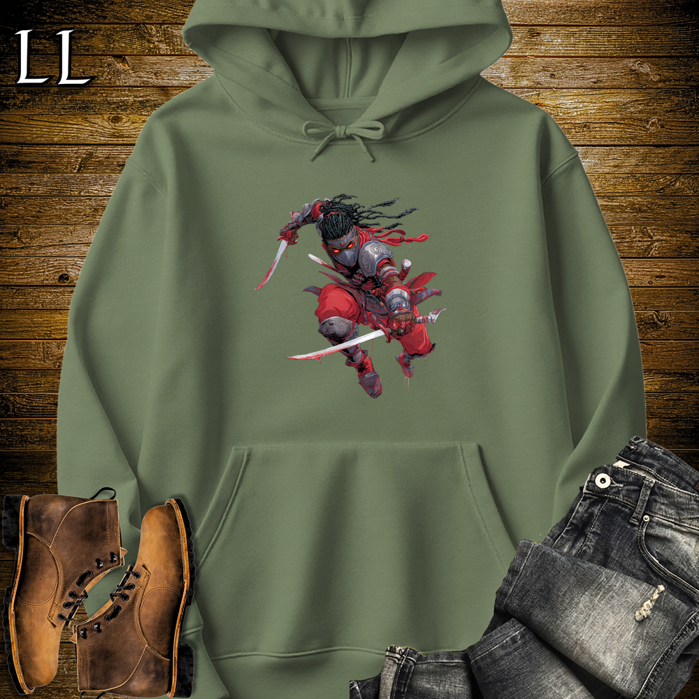 African Red Moon Assassin Hooded Sweatshirt Military Green | African Warrior Hoodie