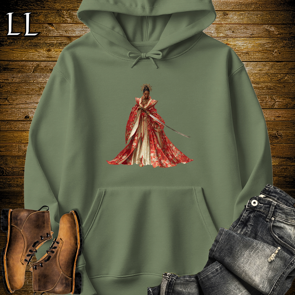 African Red Blossom Samurai Queen Hooded Sweatshirt - Military Green