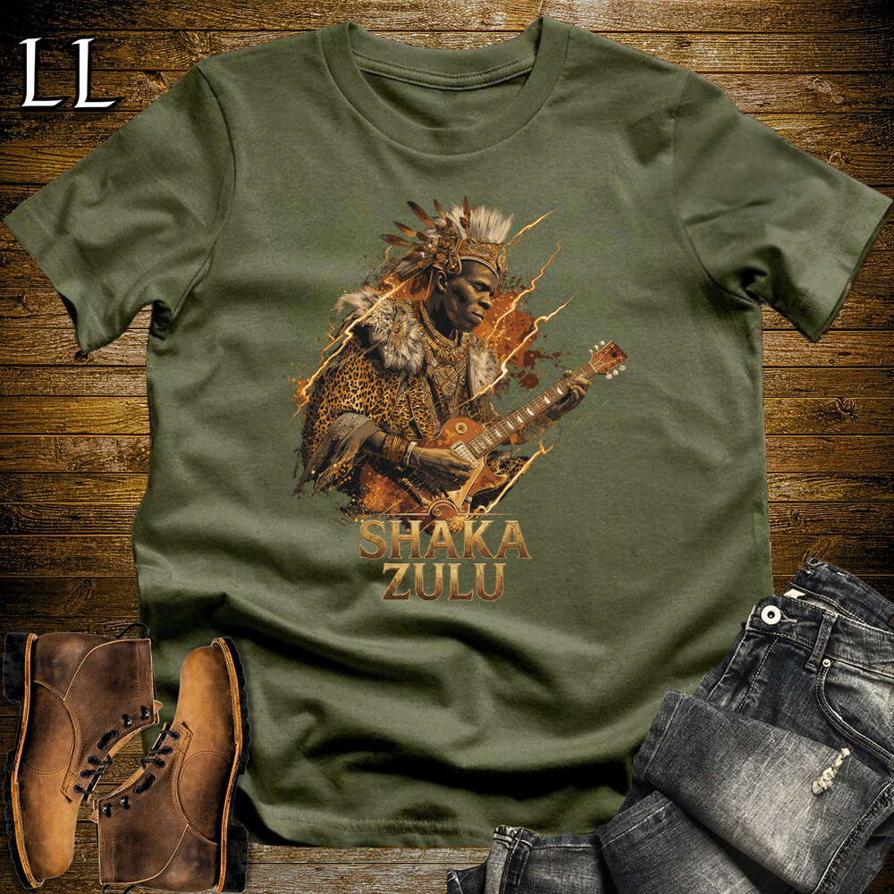 Shaka Zulu African Guitar King T Shirt Military Green | African Gift