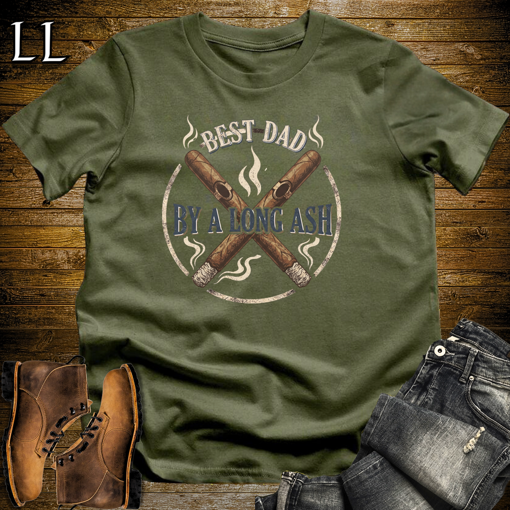 Best Dad By A Long Ash Softstyle Tee Military Green | Funny Cigar Pun Tee