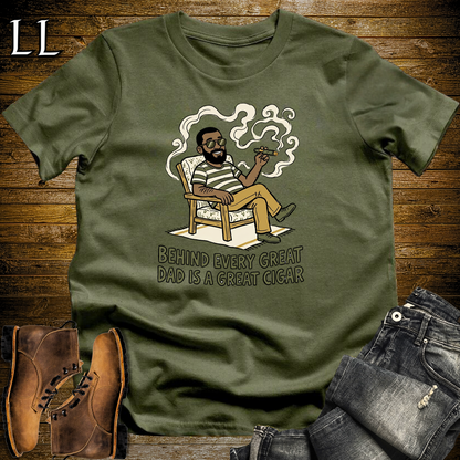 Behind Every Great Dad Cigar Softstyle Tee Military Green | Cigar Dad Slogan Tee