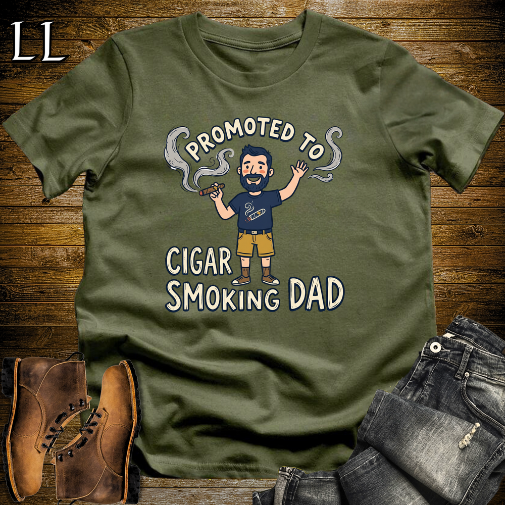 Promoted To Cigar Smoking Dad Softstyle Tee Military Green | New Dad Cigar Tee
