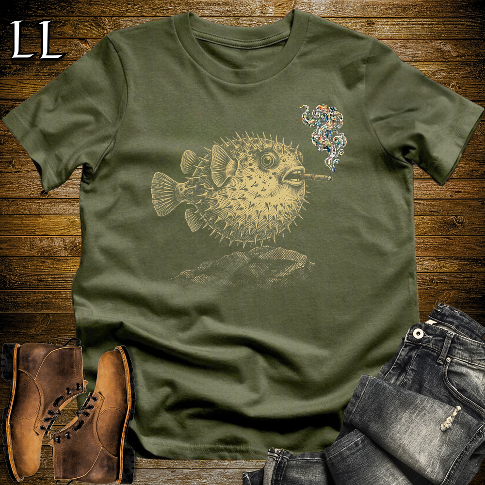 Vintage Cigar Pufferfish Softstyle T Shirt Military Green | Funny Cigar Shirt