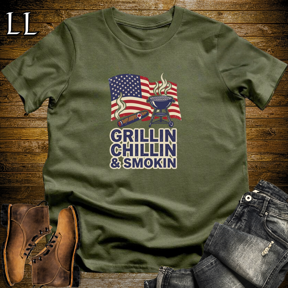 Cigar Grillin Chillin And Smokin Softstyle T Shirt Military Green | Cigar BBQ Tee