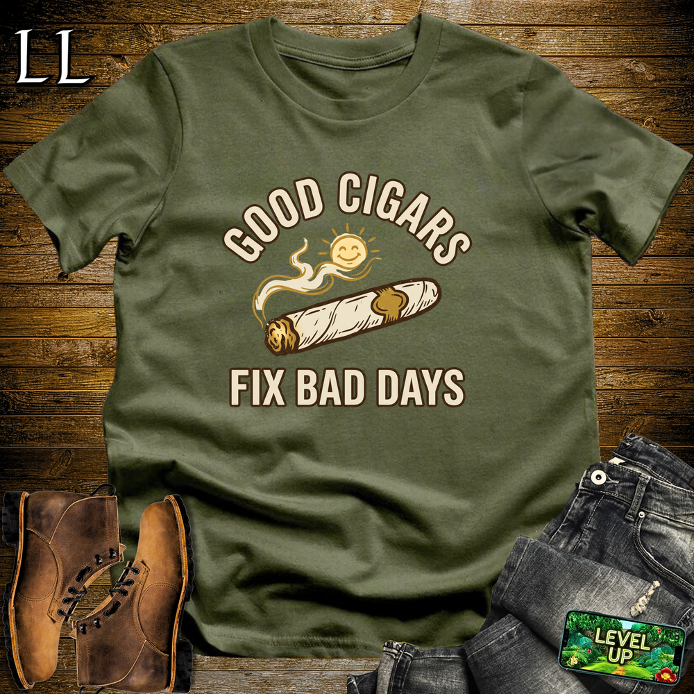 Good Cigars Fix Bad Days Softstyle T Shirt Military Green | Cigar Lover Tee