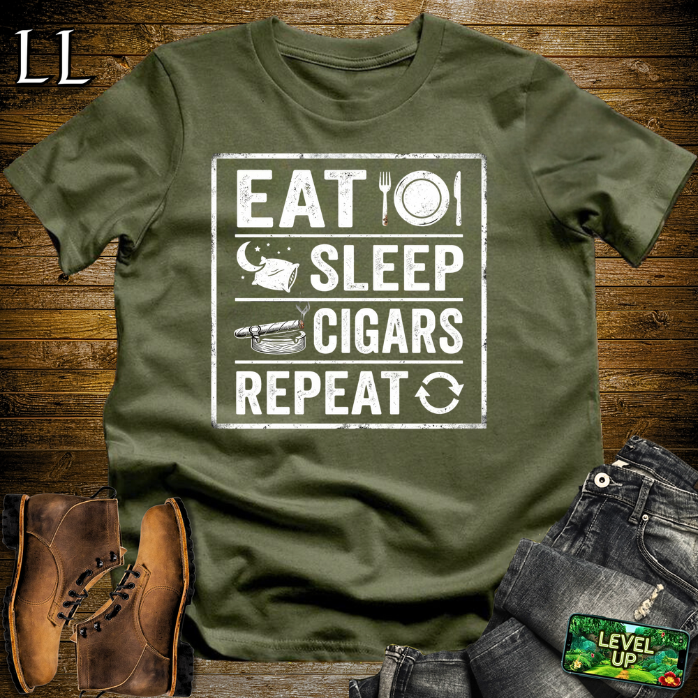 Eat Sleep Cigars Repeat Softstyle T Shirt Military Green | Funny Cigar Tee