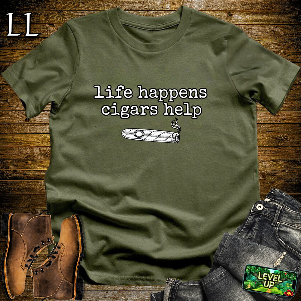 Life Happens Cigars Help Softstyle T Shirt Military Green | Funny Cigar Tee
