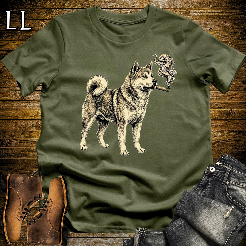 Vintage Cigar Akita Softstyle T Shirt Military Green | Cigar Akita Tee