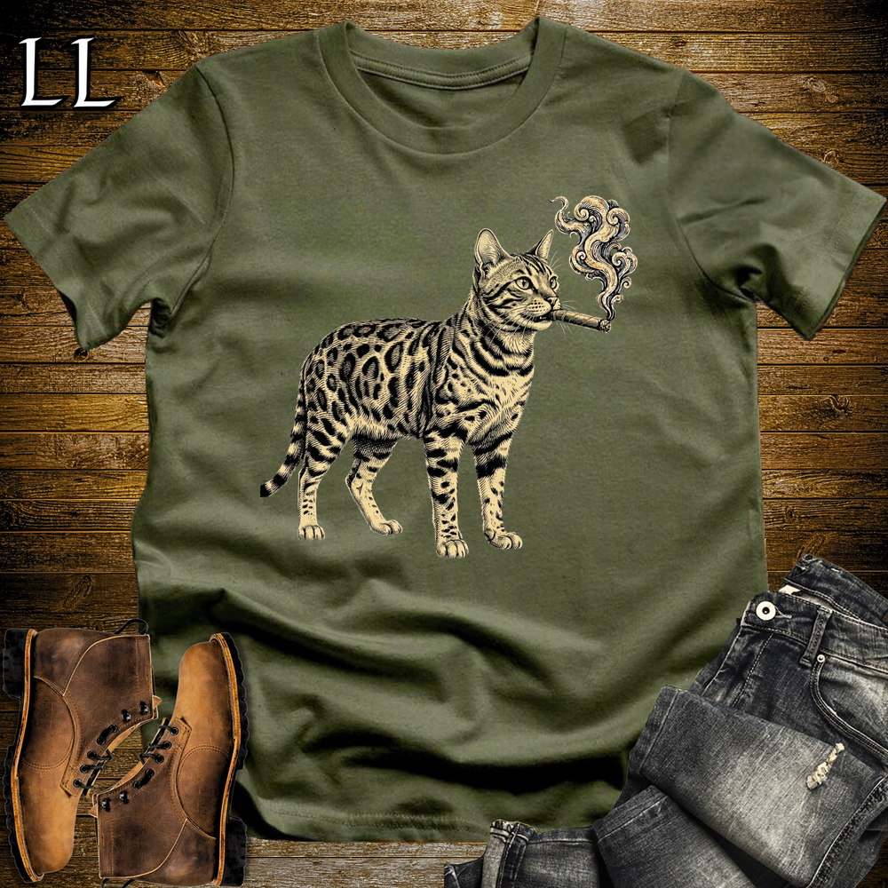 Vintage Cigar Bengal Cat Softstyle T Shirt Military Green | Cigar Bengal Cat Tee