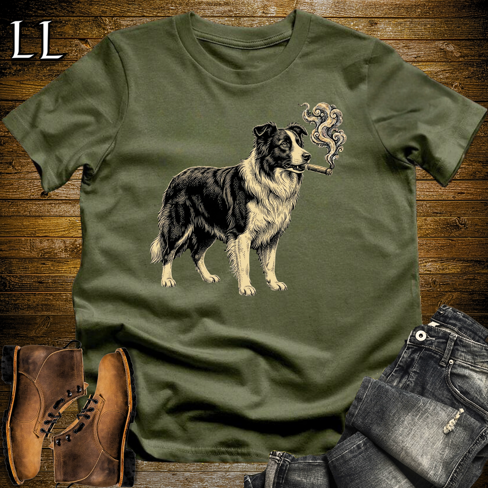 Vintage Cigar Border Collie Softstyle T Shirt Military Green | Cigar Border Collie Tee