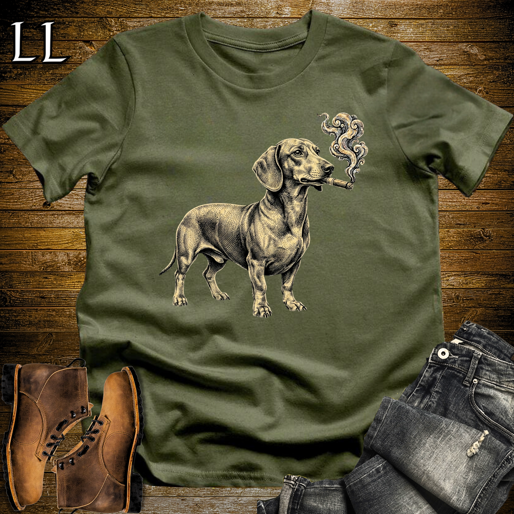Vintage Cigar Dachshund Softstyle T Shirt Military Green | Cigar Dachshund Dog Tee