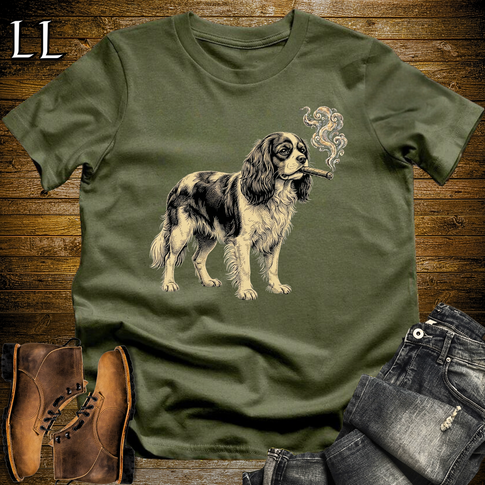 Vintage Cigar King Charles Cavalier Spaniel Softstyle T Shirt Military Green | Dog Lover Cigar Tee