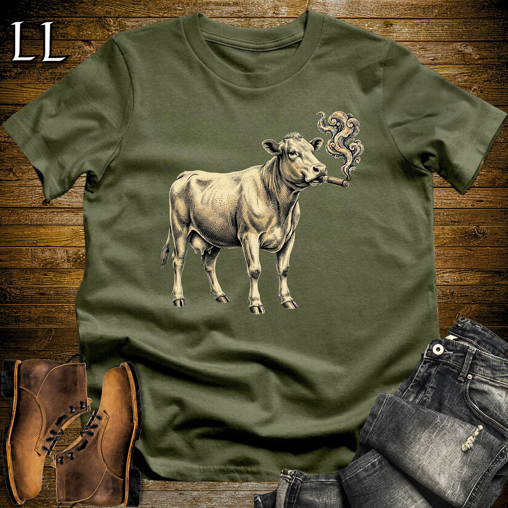 Vintage Cigar Cow Softstyle T Shirt Military Green | Funny Animal Cigar Tee
