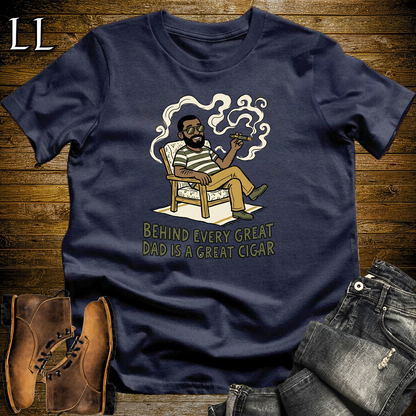 Behind Every Great Dad Cigar Softstyle Tee Navy | Cigar Dad Slogan Tee