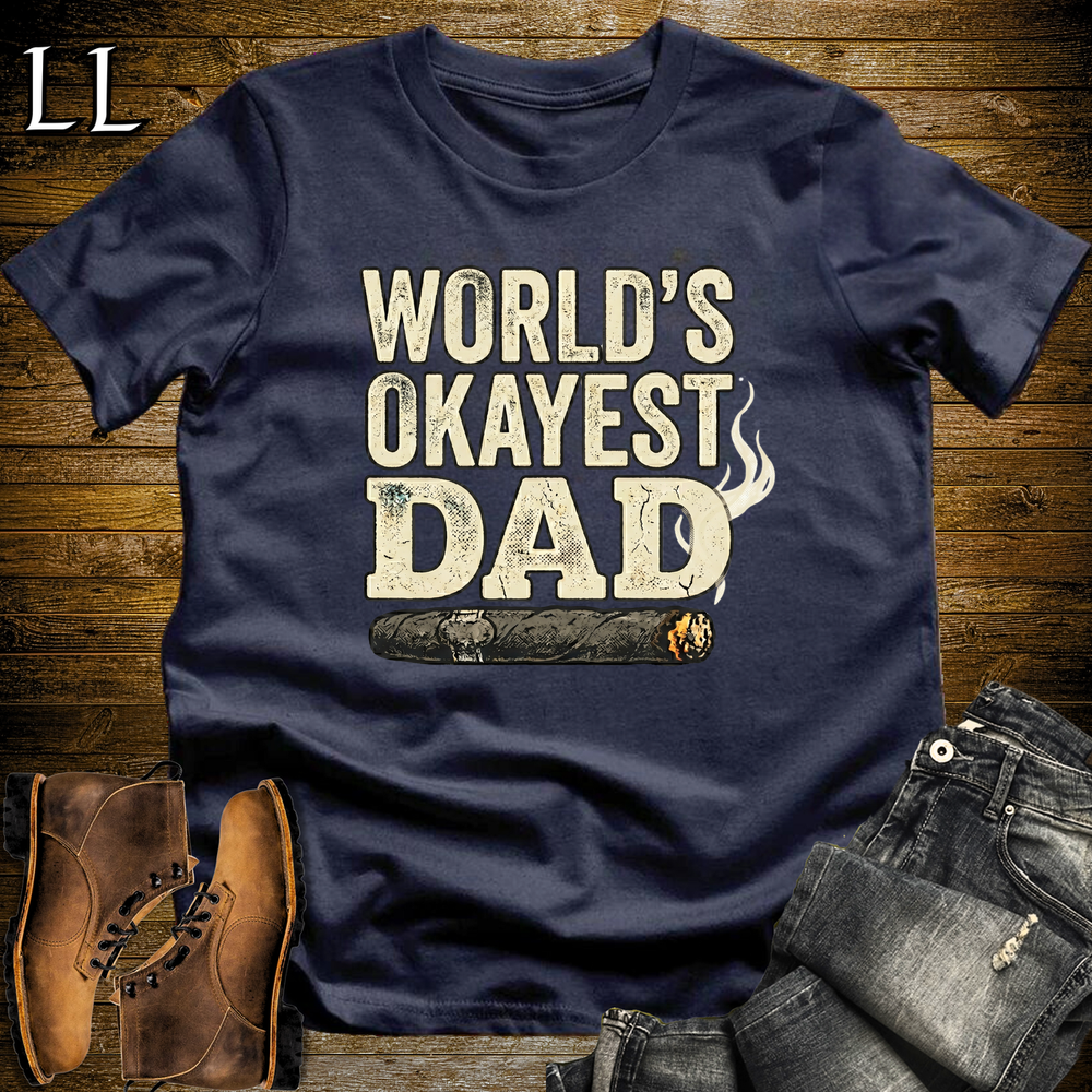 Worlds Okayest Dad Cigar Softstyle Tee Navy | Funny Cigar Dad Tee