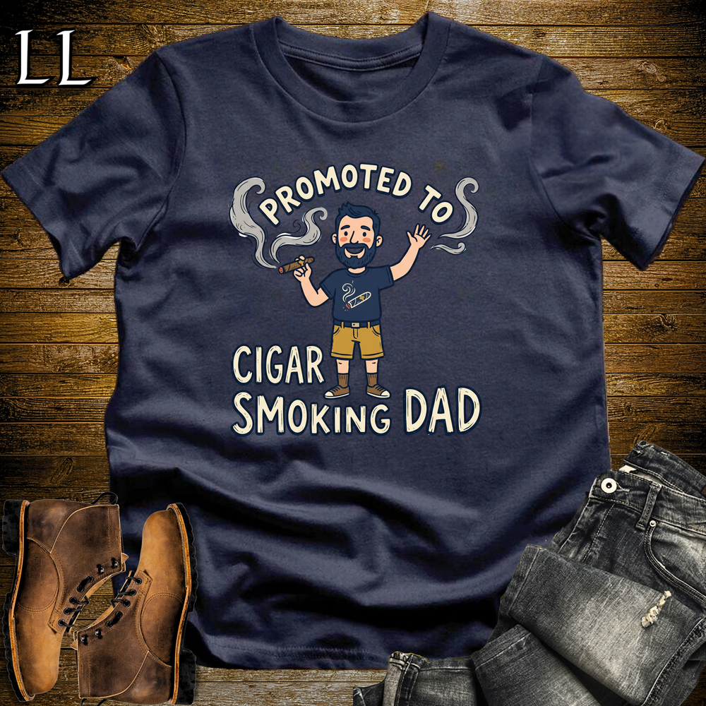 Promoted To Cigar Smoking Dad Softstyle Tee Navy | New Dad Cigar Tee